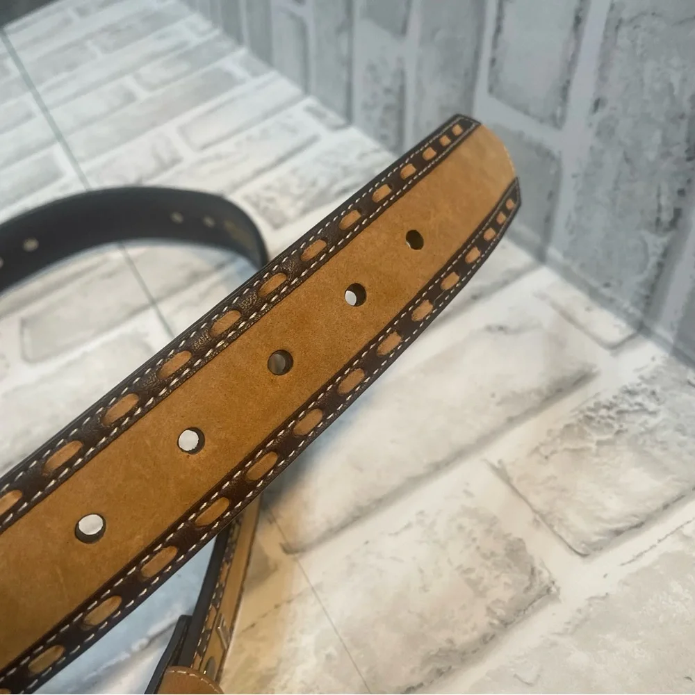Ariat Two-Tone Tan and Brown Western Leather Belt with Ornate Silver Buckle. 38.